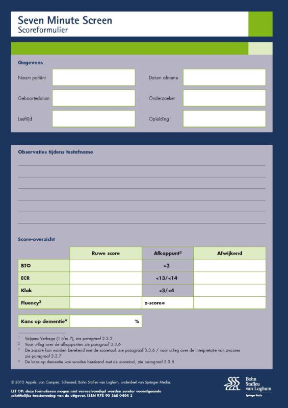 Omslag van Seven minute Screen (7MS) - scoreformulieren