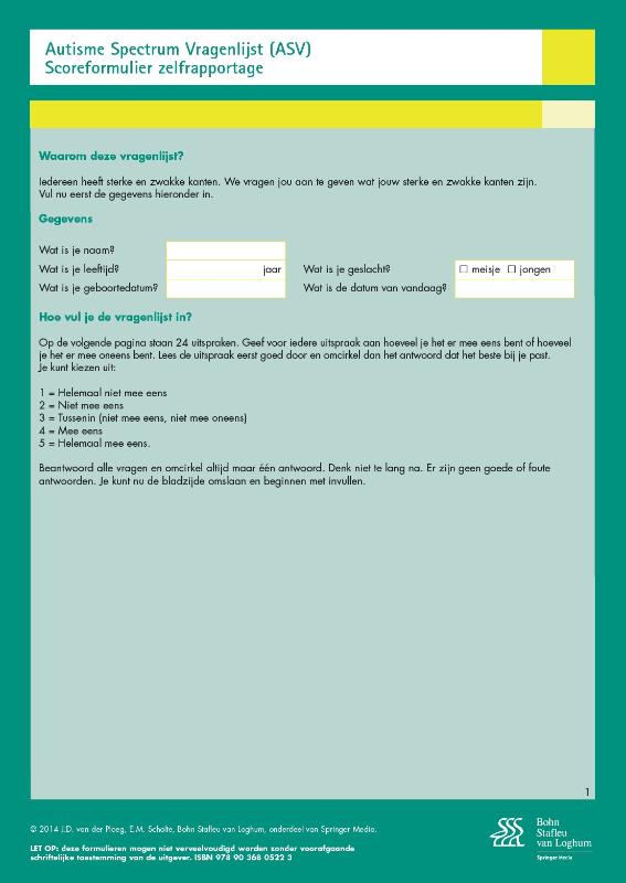 Omslag van Autisme Spectrum Vragenlijst (ASV ) - scoreformulieren