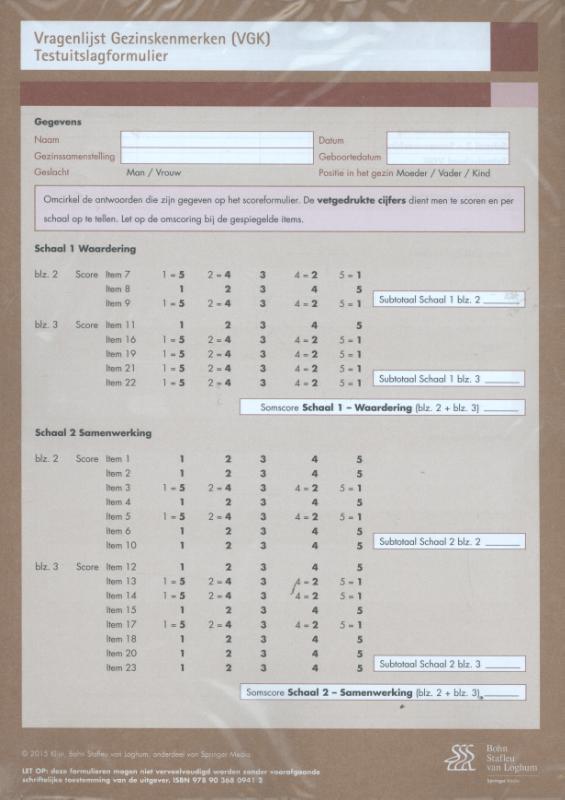 Omslag van Vragenlijst Gezinskenmerken scoreformulieren