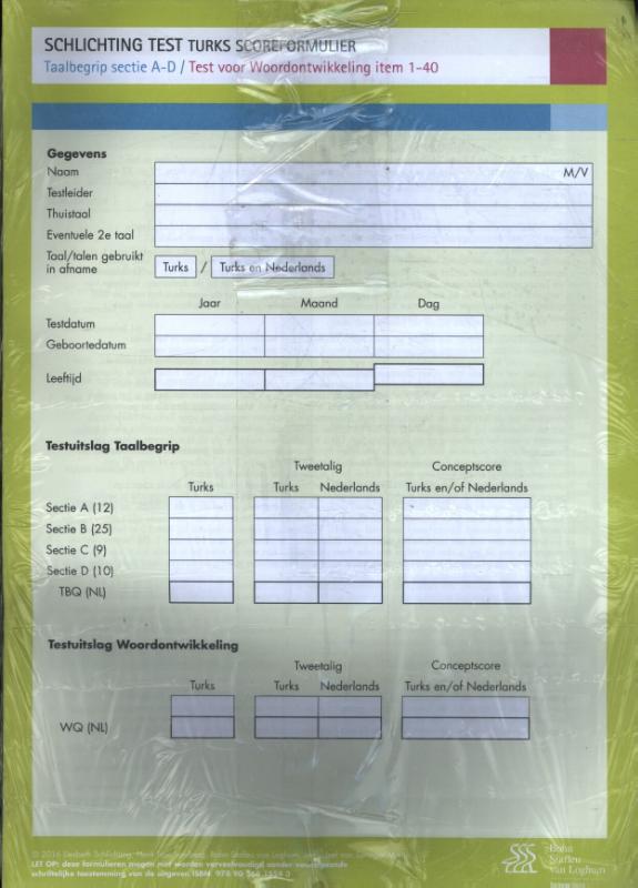 Omslag van Schlichting Test Turks Scoreformulier