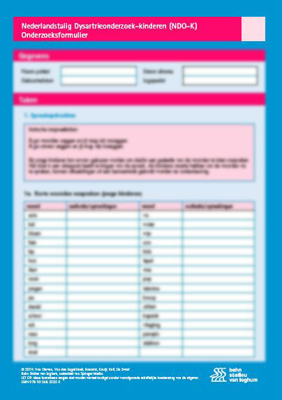 Omslag van Nederlandstalig Dysartrieonderzoek - Kinderen (NDO-K) scoreformulieren