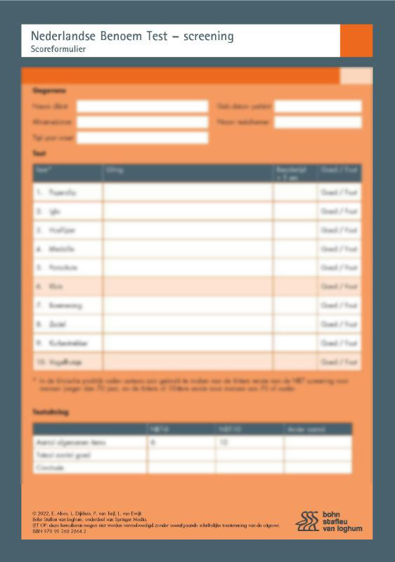Omslag van Nederlandse Benoem Test - Screening (NBT - Screening) - scoreformulieren