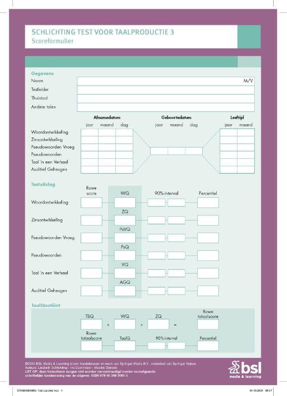 Omslag van Schlichting Test voor Taalproductie 3 - Scoreformulieren