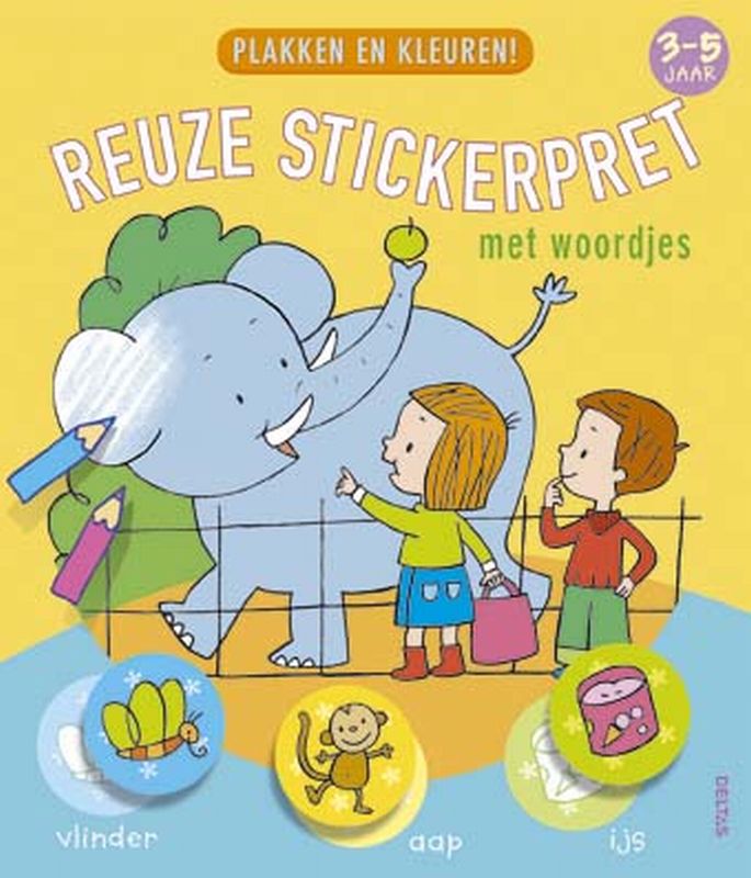 Omslag van Plakken en kleuren reuze stickerpret met woordjes (3-5 j.)