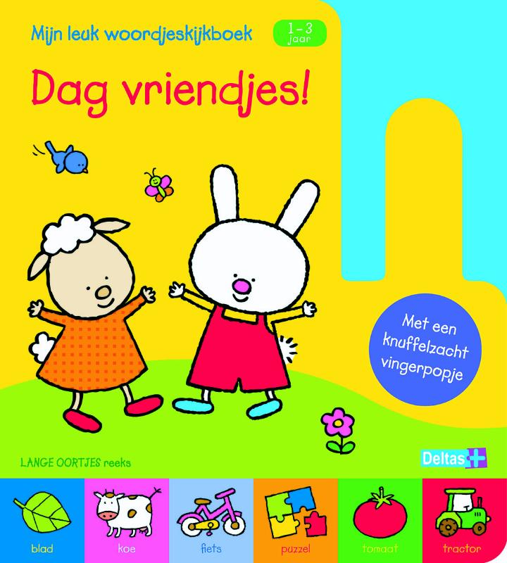 Omslag van Lange oortjes - Mijn leuk woordjeskijkboek Dag vriendjes (1-3j.) met vingerpopje
