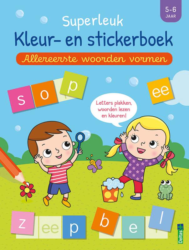 Omslag van Superleuk kleur- en stickerboek - Allereerste woorden vormen (5-6 j.)