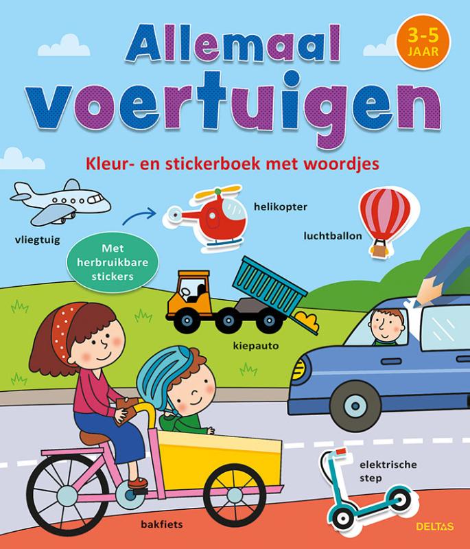 Omslag van Kleur- en stickerboek met woordjes - Allemaal voertuigen (3-5 j.)