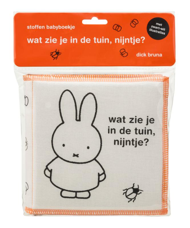 Omslag van stoffen babyboekje, wat zie je in de tuin, nijntje?