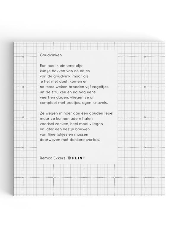 Omslag van Plint - papieren poëzieservet met gedicht Goudvinken van Remco Ekkers