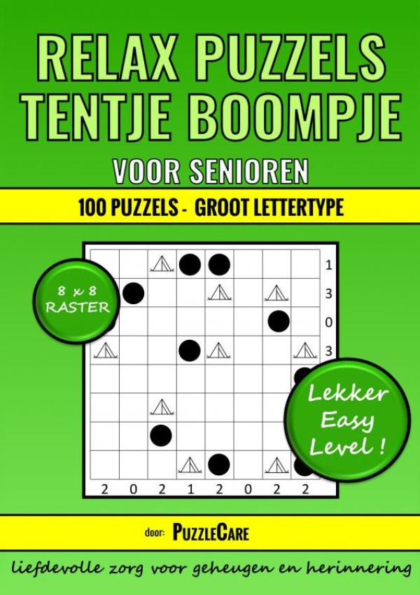 Omslag van Tentje Boompje Relax Puzzels voor Senioren 8x8 Raster - 100 Puzzels Groot Lettertype - Lekker Easy Level!