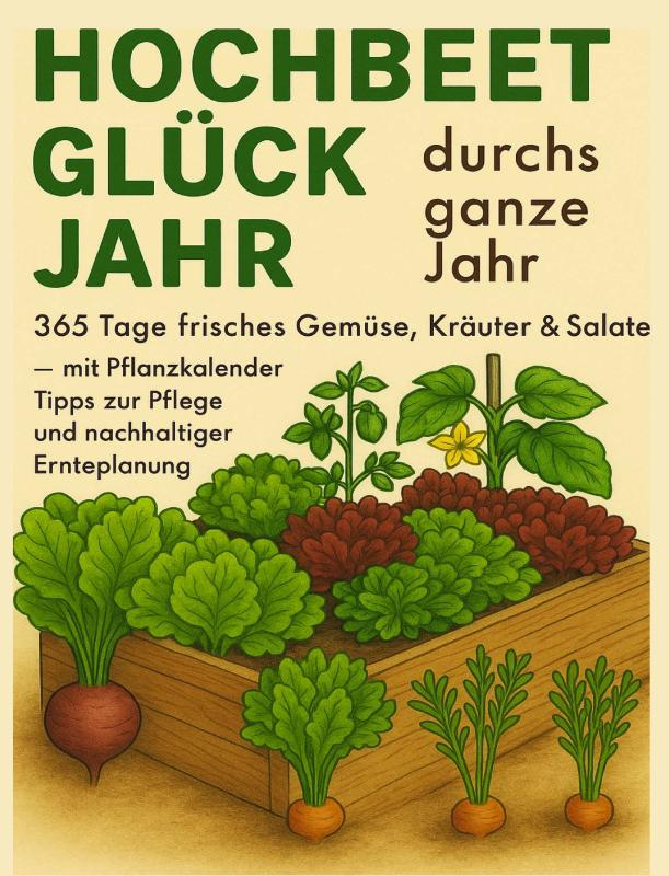 Omslag van Hochbeet-Glück durchs ganze Jahr – 365 Tage frisches Gemüse, Kräuter & Salate – mit Pflanzkalender, Tipps zur Pflege und nachhaltiger Ernteplanung