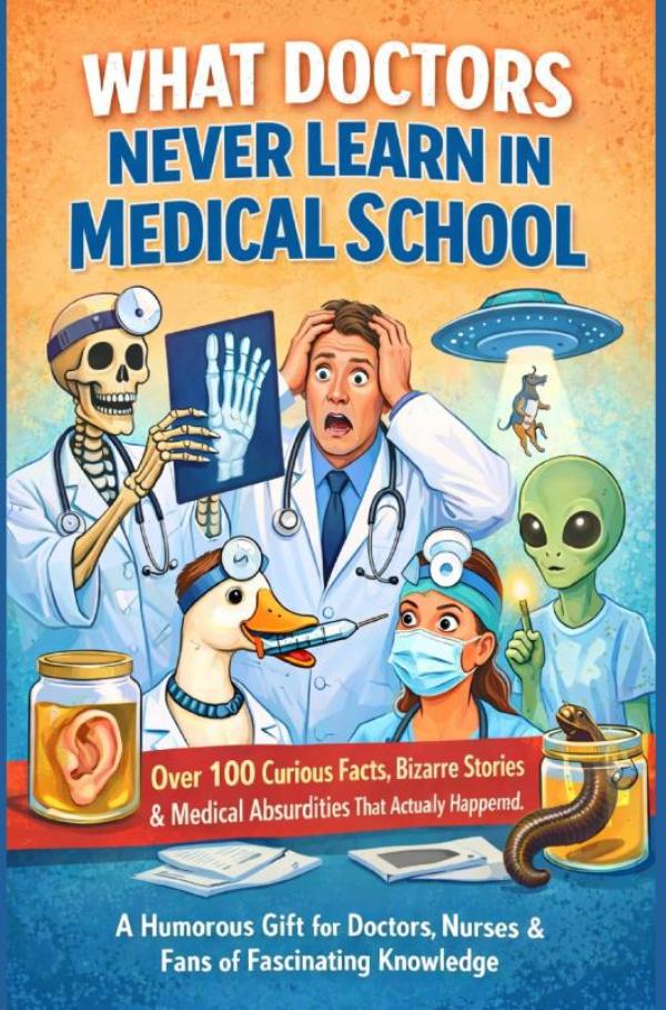 Omslag van WHAT DOCTORS NEVER LEARN IN MEDICAL SCHOOL: Over 100 Curious Facts, Bizarre Stories & Medical Absurdities That Actually Happened