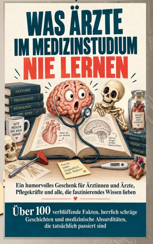Omslag van WAS ÄRZTE IM MEDIZINSTUDIUM NIE LERNEN: Ein humorvolles Geschenk für Ärztinnen und Ärzte, Pflegekräfte und alle, die faszinierendes Wissen lieben