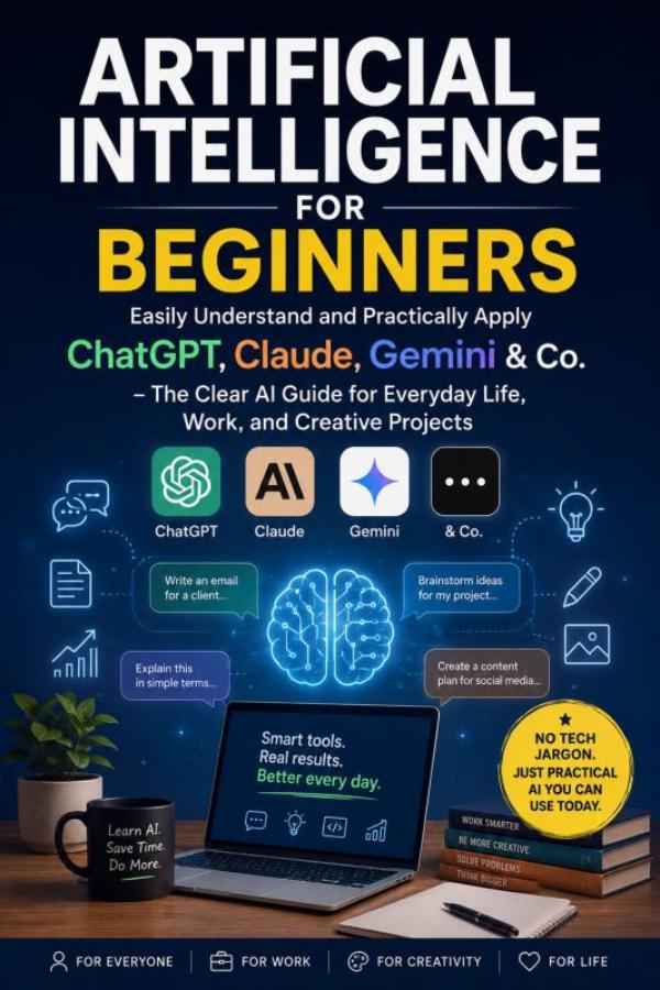 Omslag van ARTIFICIAL INTELLIGENCE FOR BEGINNERS: Easily Understand and Practically Apply ChatGPT, Claude, Gemini & Co.