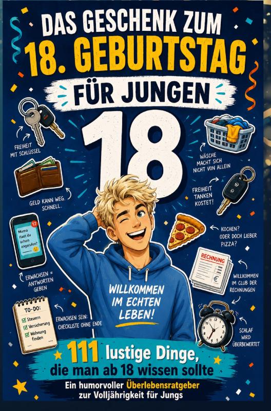 Omslag van DAS GESCHENK ZUM 18. GEBURTSTAG FÜR JUNGS: 111 lustige Dinge, die man ab 18 wissen sollte