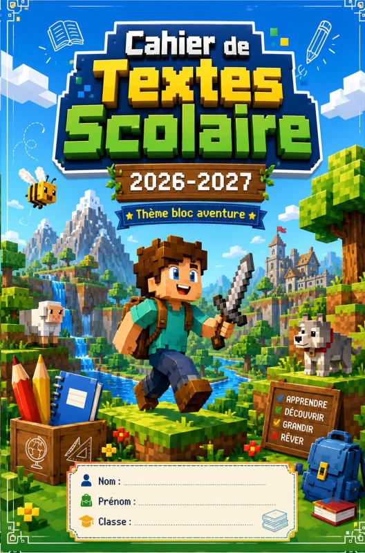 Omslag van Cahier de Texte Minecraft 2026 2027 – École Primaire