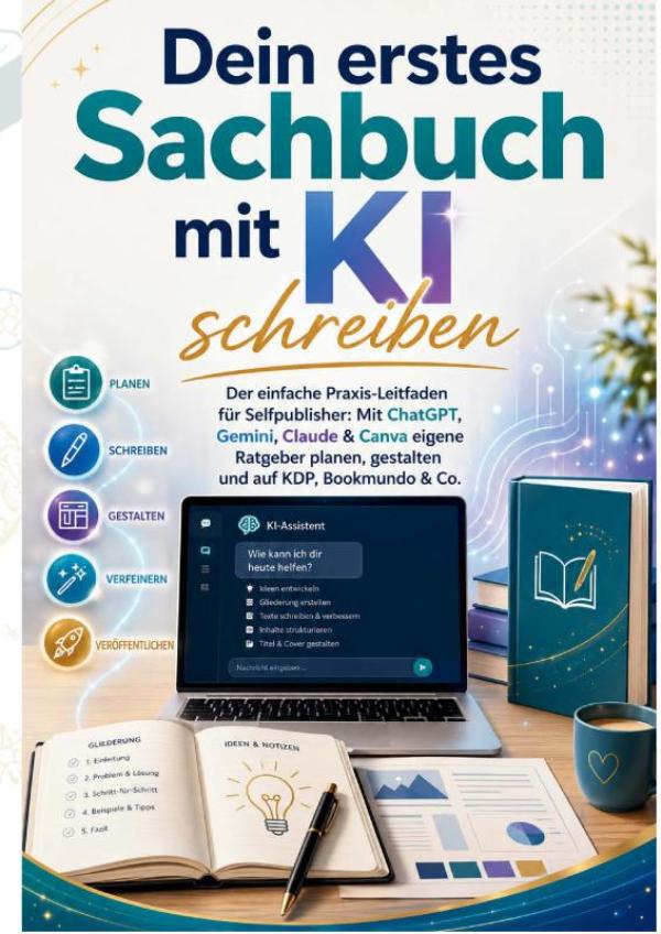 Omslag van Dein erstes Sachbuch mit KI schreiben: Der einfache Praxis-Leitfaden für Selfpublisher