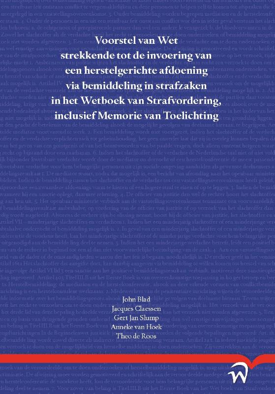 Omslag van Voorstel van Wet strekkende tot de invoering van een herstelgerichte afdoening via bemiddeling in strafzaken in het Wetboek van Strafvordering, inclusief Memorie van Toelichting