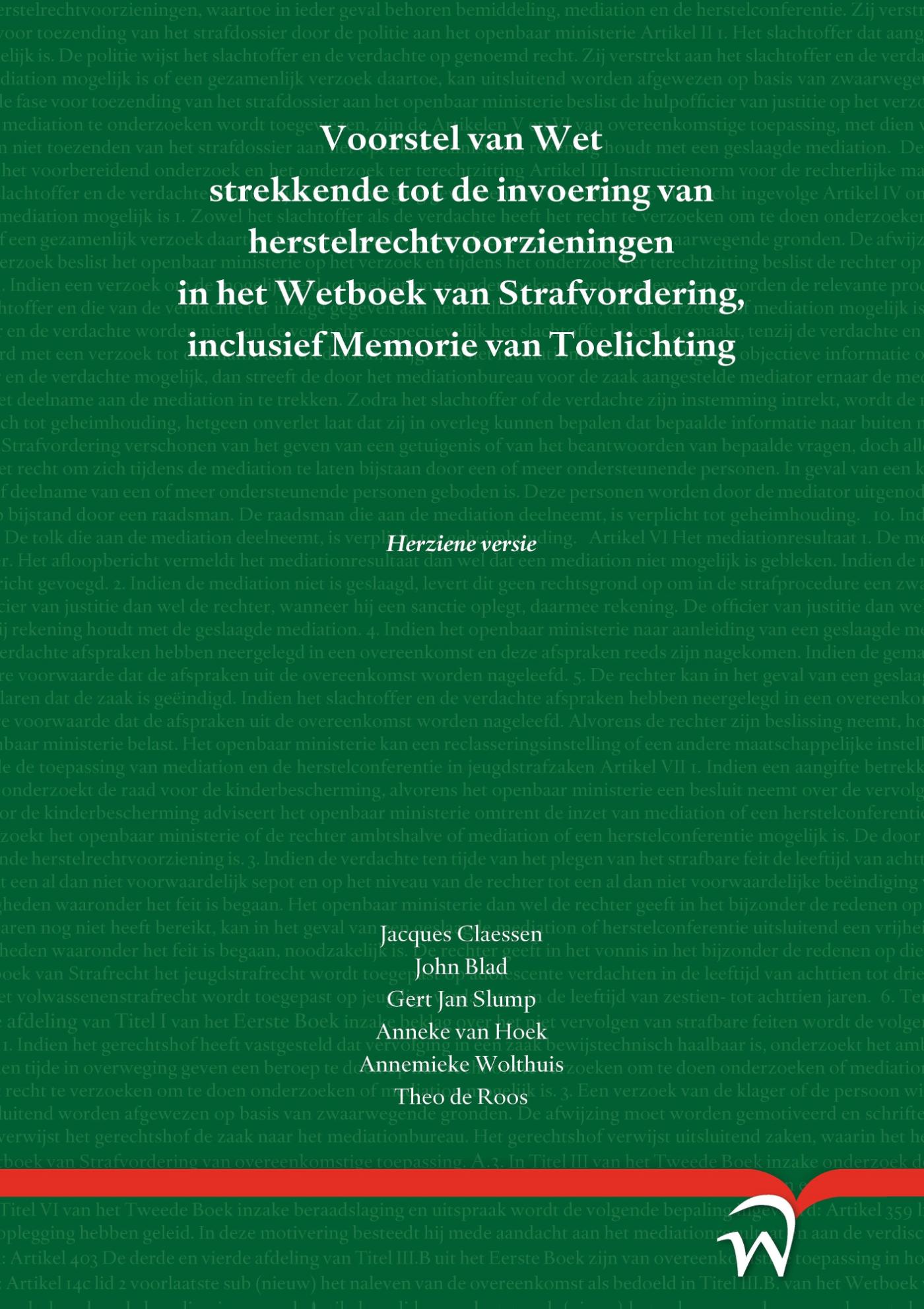 Omslag van Voorstel van Wet strekkende tot de invoering van herstelrechtvoorzieningen in het Wetboek van Strafvordering, inclusief Memorie van Toelichting