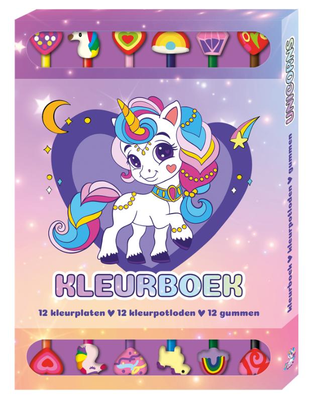 Omslag van Kleurboek Box met 12 potloden en gummen - Unicorns
