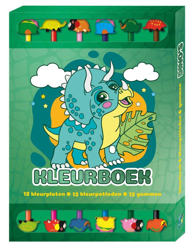 Omslag van Kleurboek Box met 12 potloden en gummen - Dino's