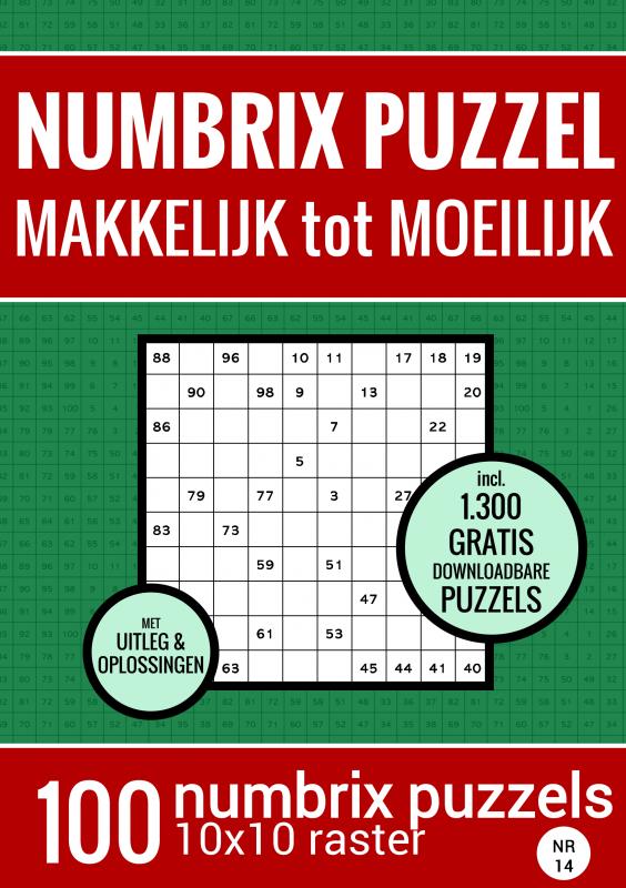 Omslag van Kerstcadeau: Puzzelboek met 100 Numbrix Puzzels - Makkelijk tot Moeilijk - NR.14
