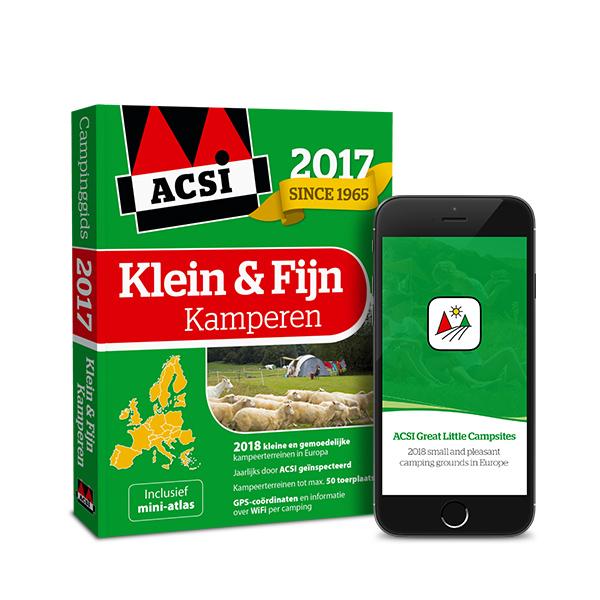 Omslag van ACSI Klein & Fijn Kamperen Gids 2017 + app