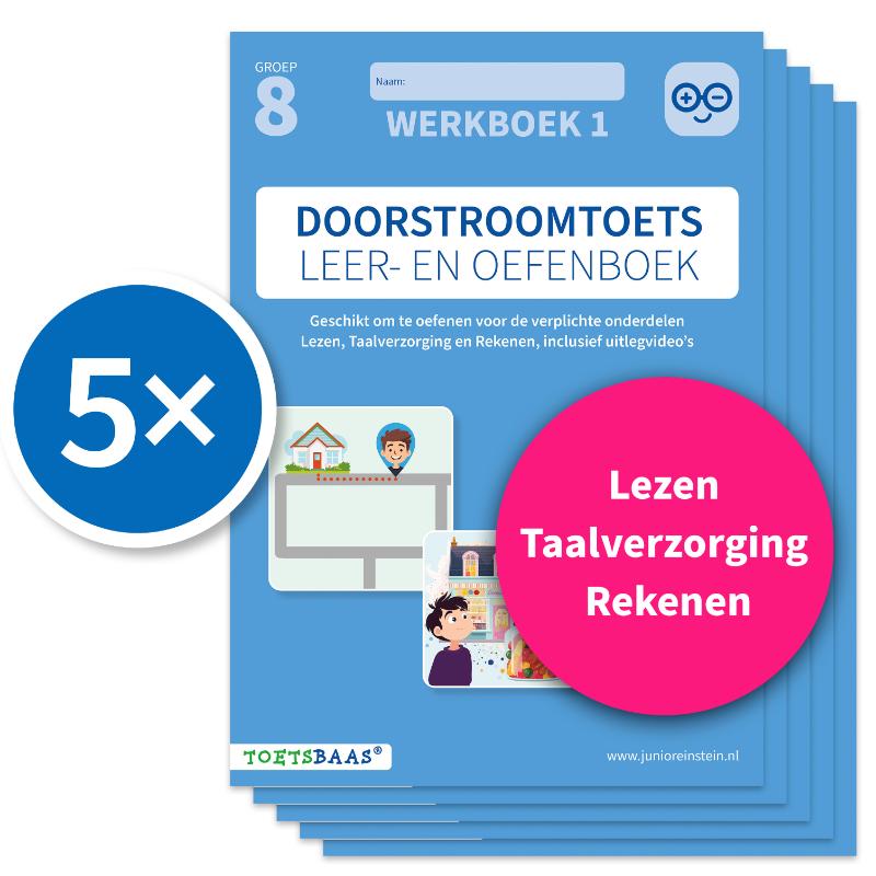 Omslag van Doorstroomtoets Leer- en Oefenboek – Werkboek 1 + Online video-uitleg (set van 5)