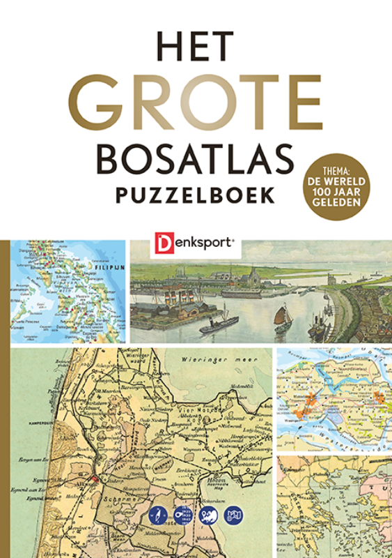 Omslag van Denksport - Het Grote Bosatlas Puzzelboek - 100 jaar geleden