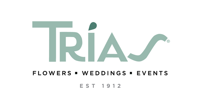 Logo that reads Trias Flowers, Weddings, Events, EST 1912