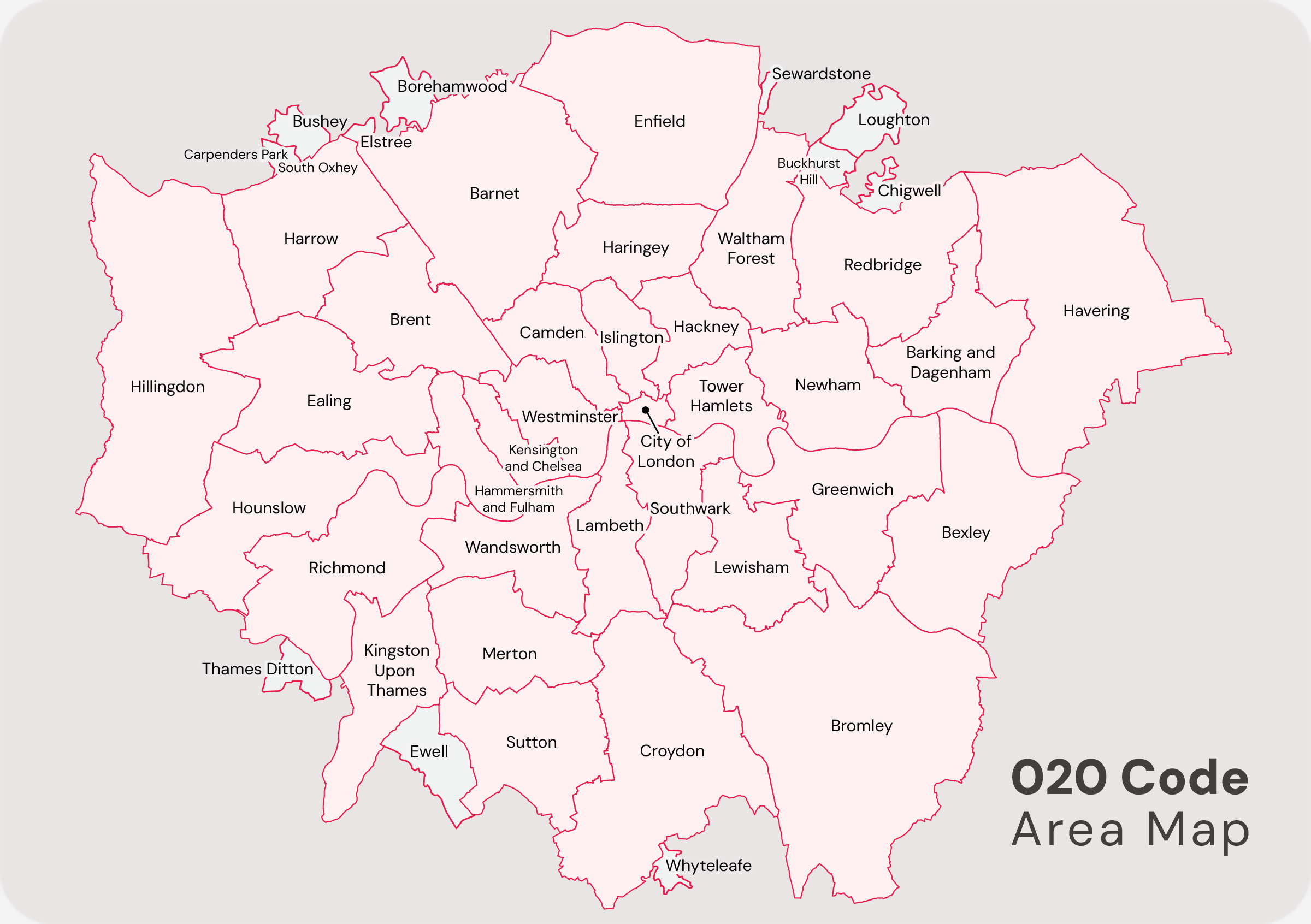 Map of London and surrounding areas using the 020 phone code