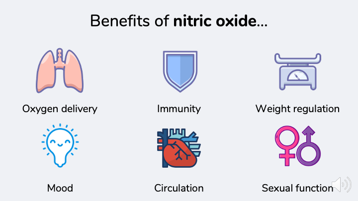 Benefits of nitric oxide.  Improved oxygen delivery, circulation, sexual function, immune function, mood, weight regulation.