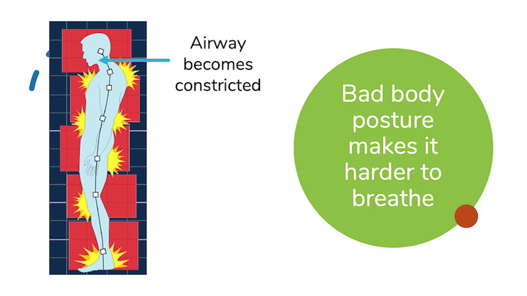 Bad, slouched body posture decreases the amount of air that can travel through the airway.