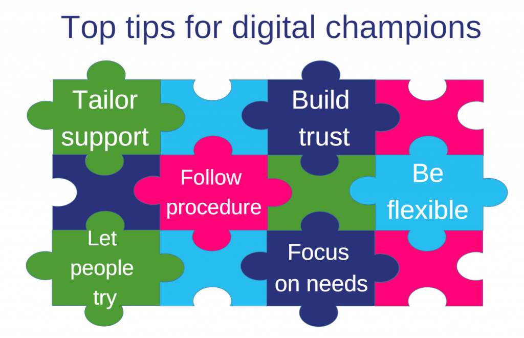 Image : Jigsaw graphic with top tips for DCs : tailor support; build trust; follow procedure; be flexible; let people try; focus on needs