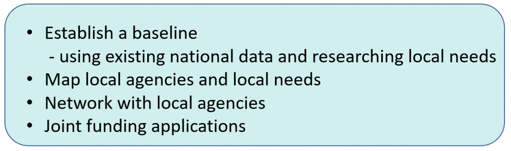 Establish a baseline using existing national data and researching local needs + Map local agencies and local needs + Network with local agencies + Joint funding applications.