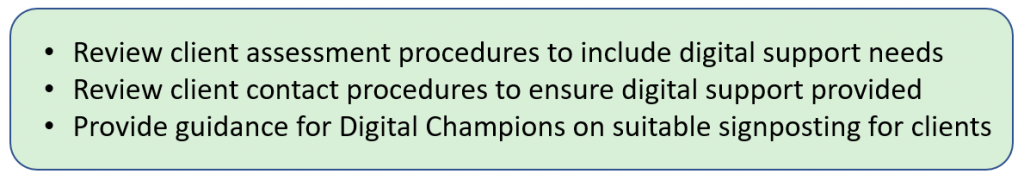 Review client assessment procedures to include digital support needs + Review client contact procedures to ensure digital support provided + Provide guidance for Digital Champions on suitable signposting for clients.