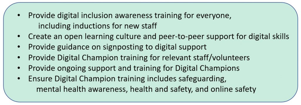 Provide digital inclusion awareness training for everyone, including inductions for new staff + Create an open learning culture and peer-to-peer support for digital skills + Provide guidance on signposting to digital support + Provide Digital Champion training for relevant staff/volunteers + Provide ongoing support and training for Digital Champions + Ensure Digital Champion training includes safeguarding, mental health awareness, health and safety, and online safety.