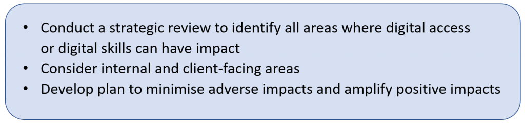 Conduct a strategic review to identify all areas where digital access or digital skills can have impact + Consider internal and client-facing areas + Develop plan to minimise adverse impacts and amplify positive impacts.