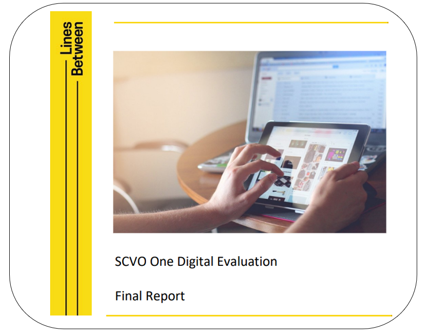 Photo of a person's hands using a tablet, with laptop in background. SCVO One Digital Evaluation Final Report.