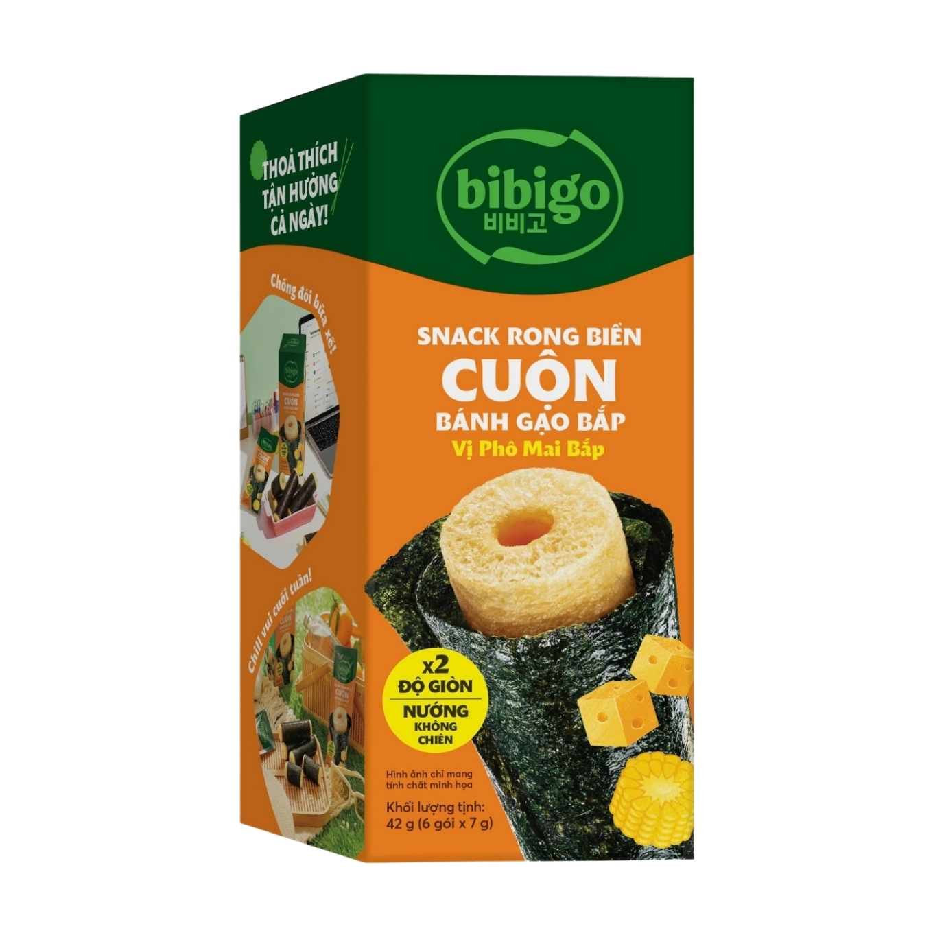 Snack Rong Biển Cuộn Bánh Gạo Bắp Vị Phô Mai Bắp bibigo Hộp 42g