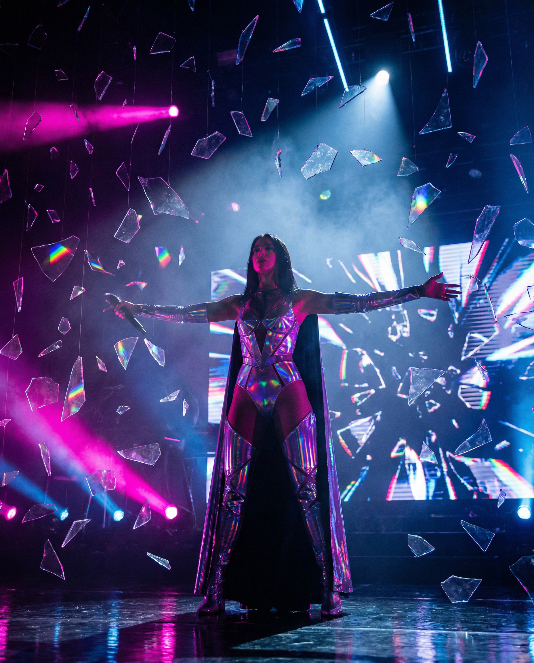 Neon prism shards rain down on stage