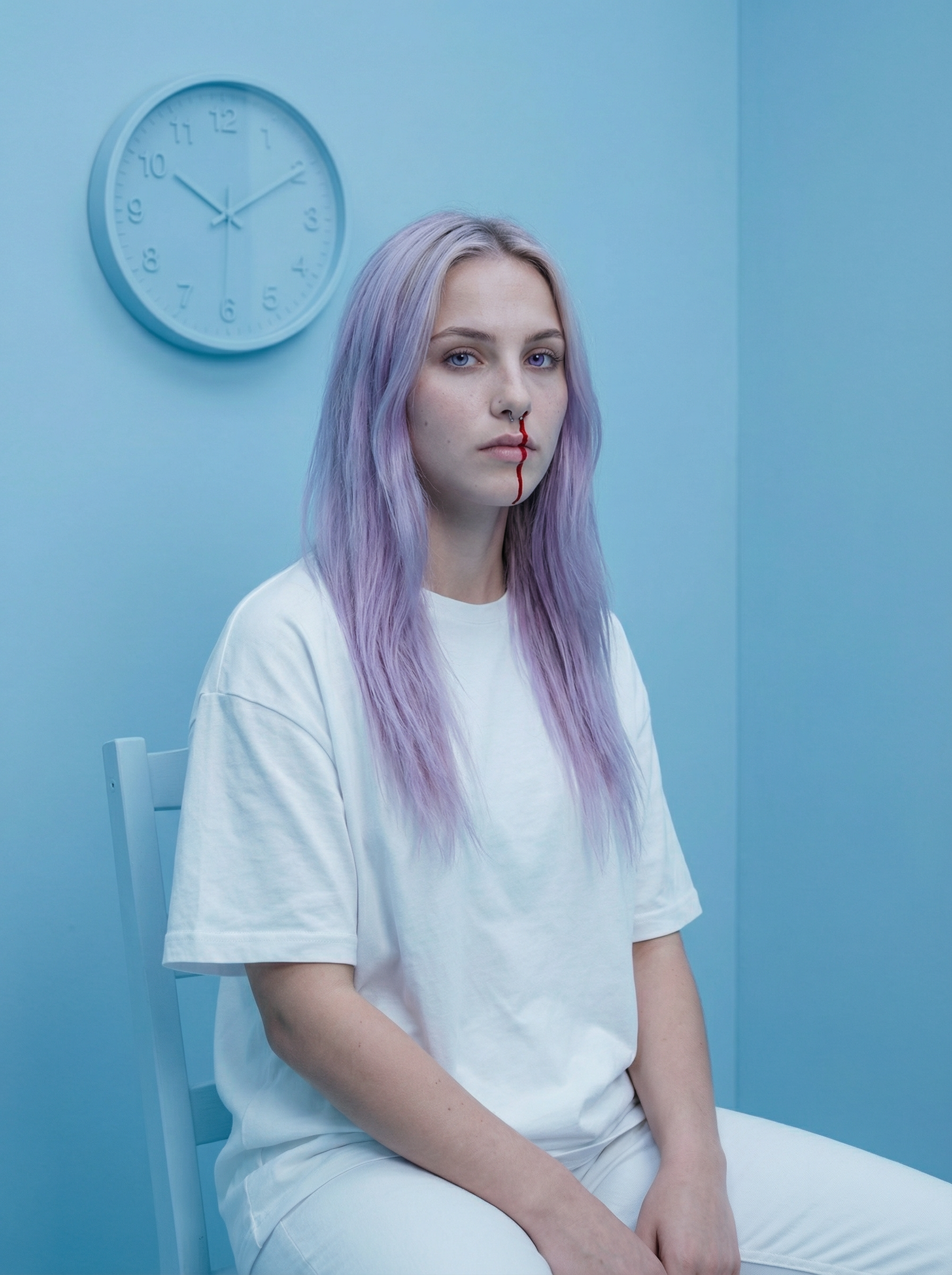 Nosebleed in the eerie all-blue room