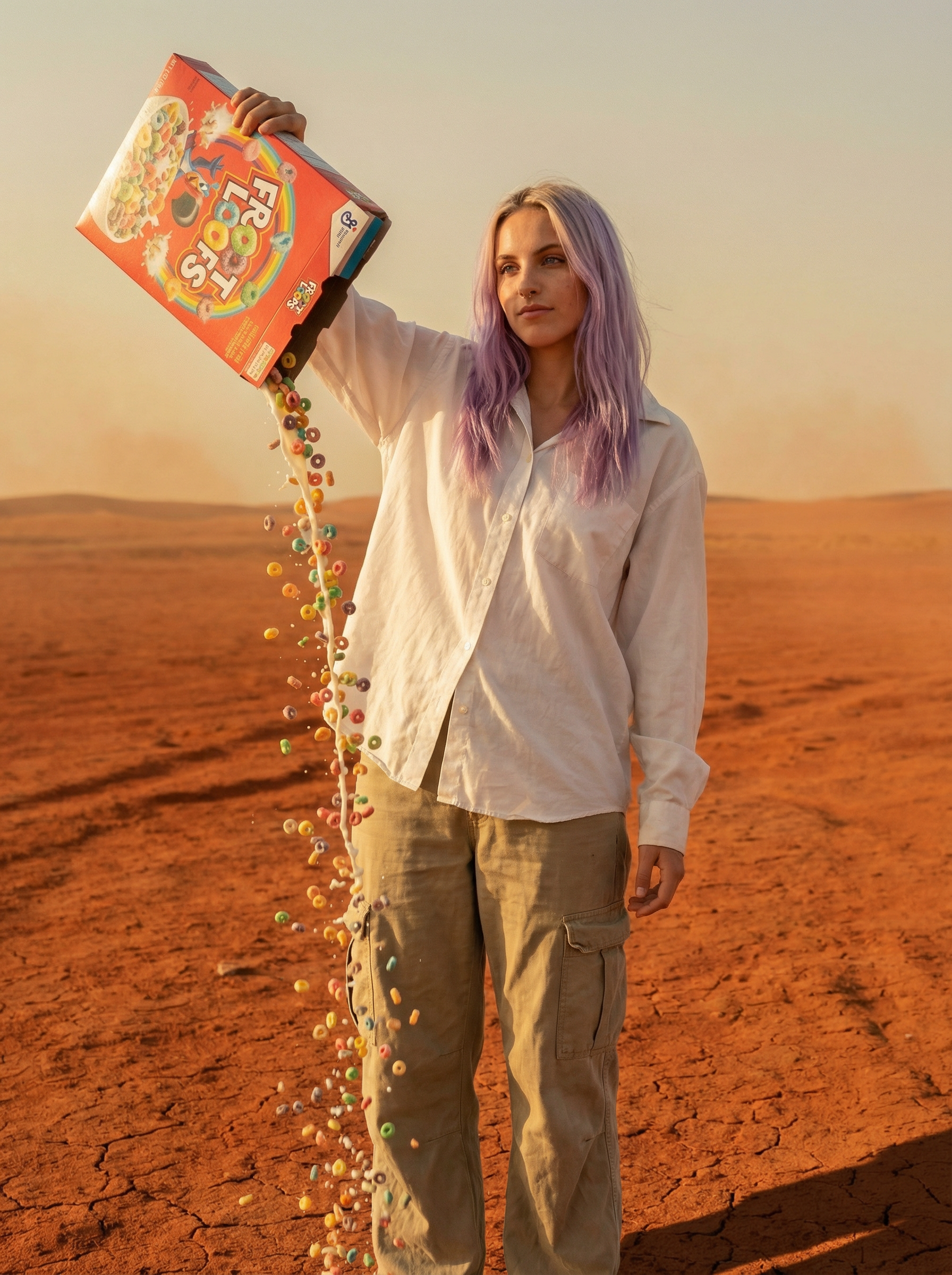 Surreal cereal pour in the red desert