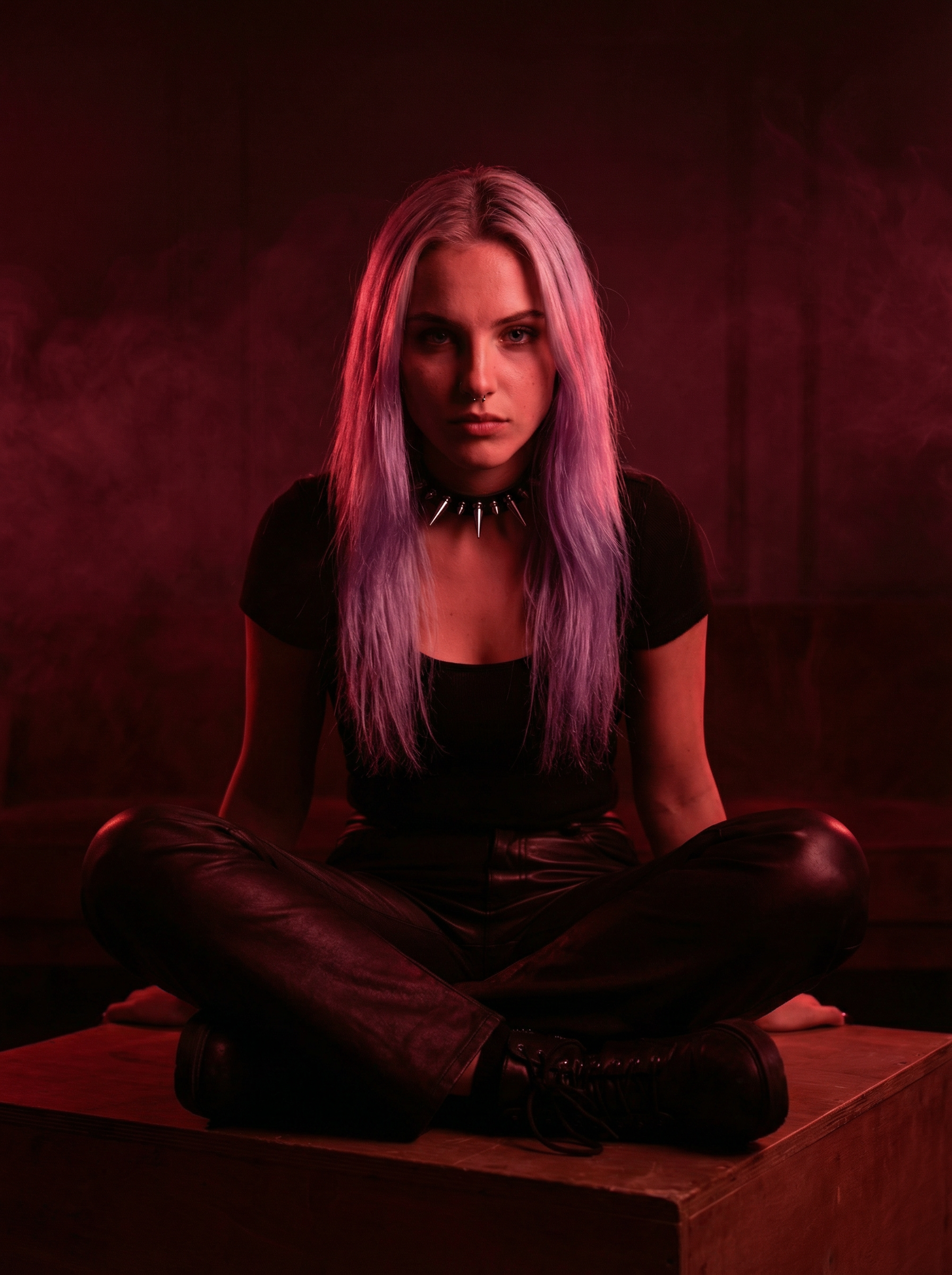 Dominant pose in the dark red dungeon room