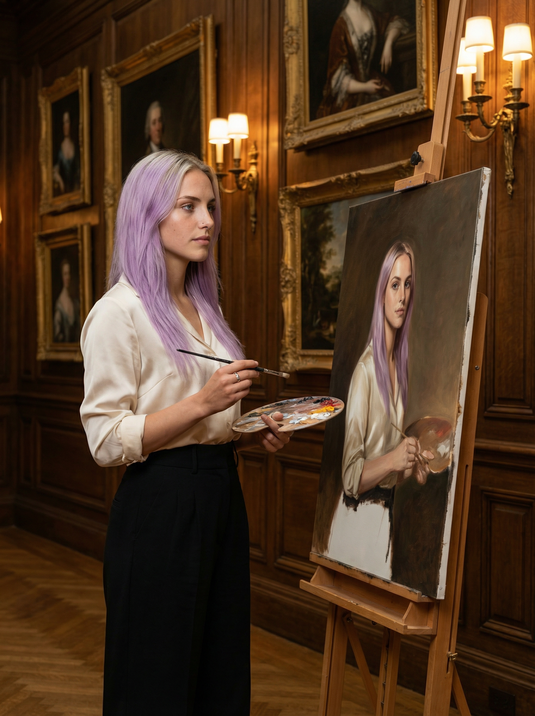 Painting a portrait in the ornate mansion gallery