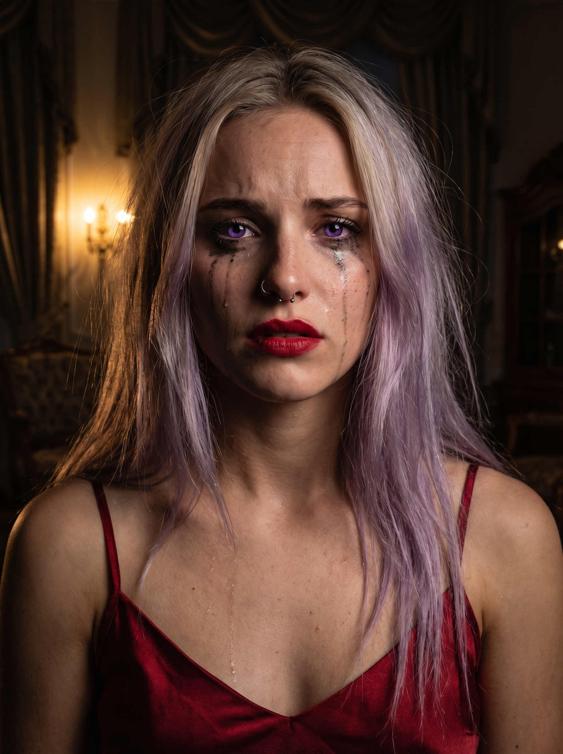 Mascara-streaked close-up in jealous heartbroken rage