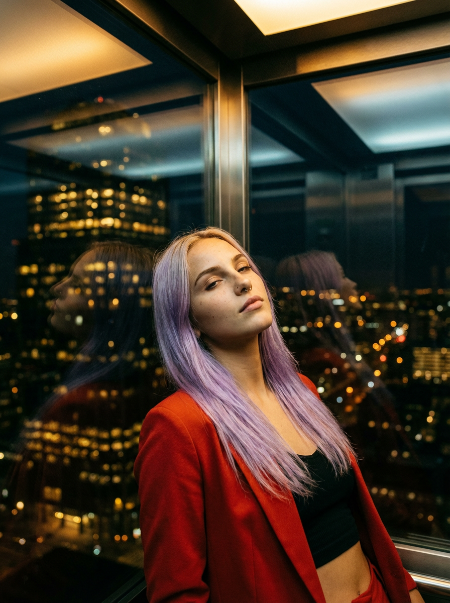 Leaning against a glass elevator, city lights reflected everywhere