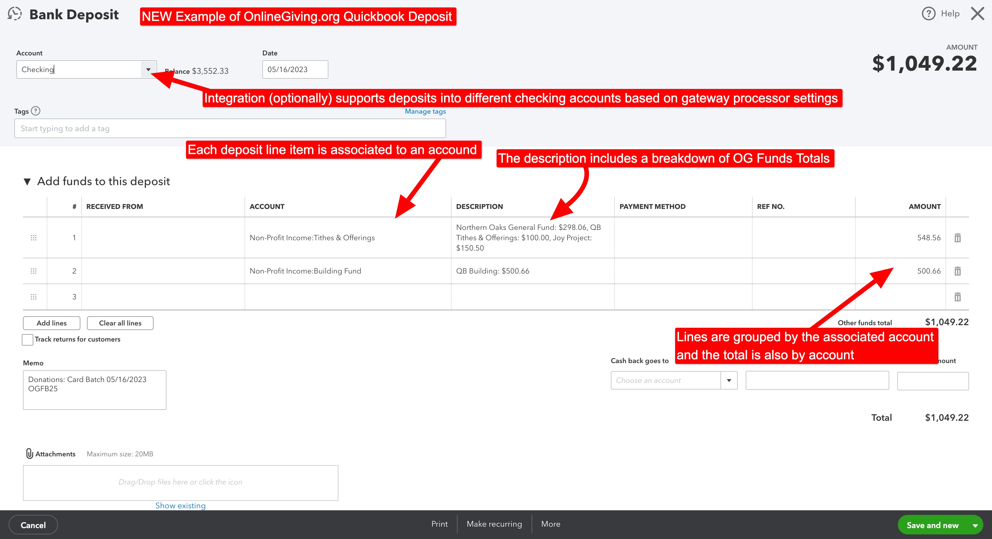 Example of QuickBooks Bank Deposit