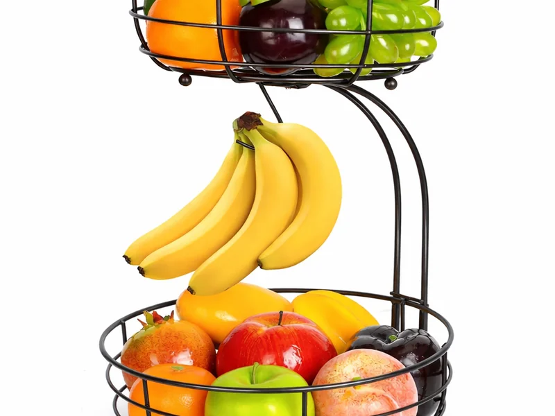 XEMM Fruitmand met Bananenhouder - 2-Laags Rond - Zwart Metaal