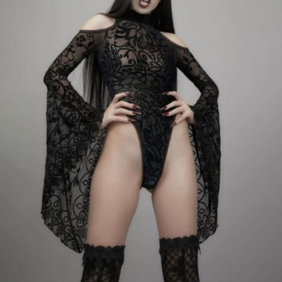 Gothic Mesh Lace Bodysuit With Wide Flared Sleeves in Black | Etsy